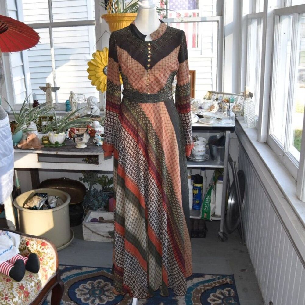 Y2K Öz Duman Istanbul Size 38 (Small) Patchwork Print Long Sleeve Maxi Dress